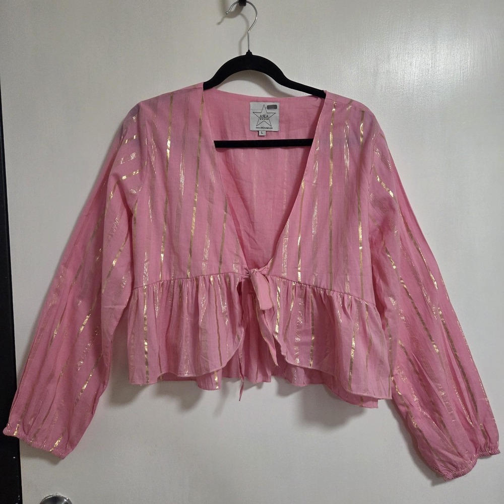 AREA Stars Pink Gold Metallic Stripe Tie Front Peplum Blouse Size Large Boho Top